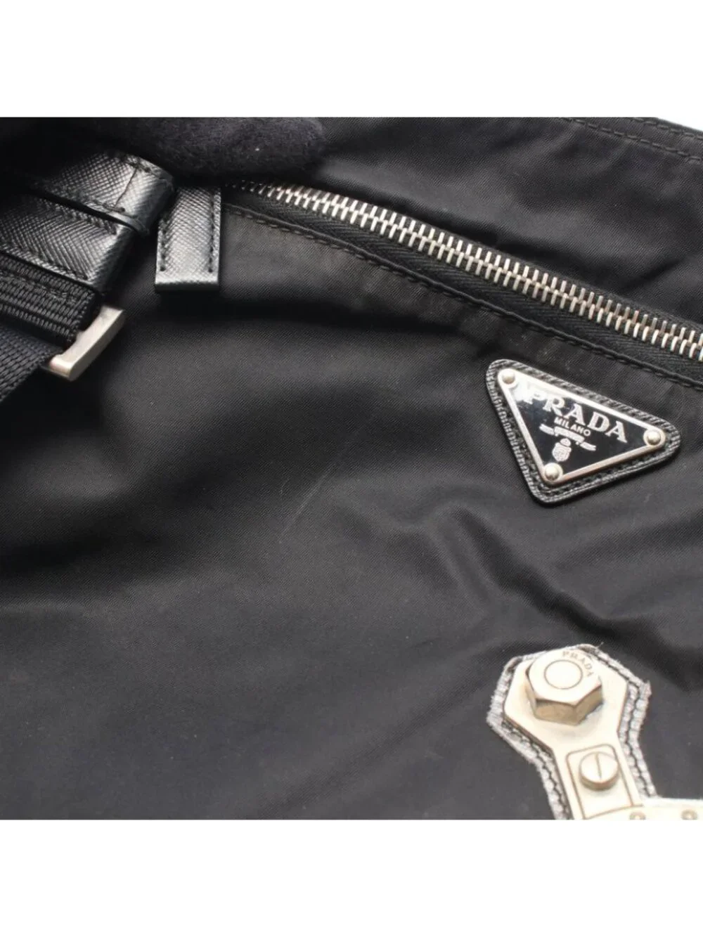 Prada Shoulder Bag Skull Studs Triangle Logo Black Silver Nylon Leather